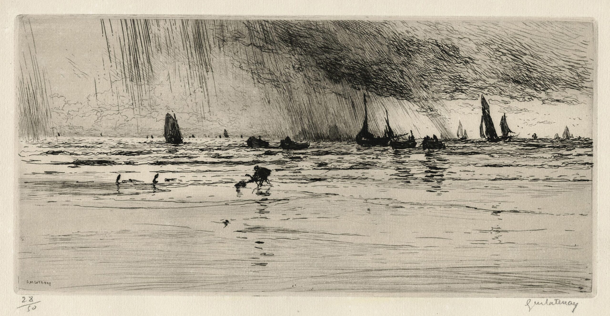 Plage à marée basse sous la pluie