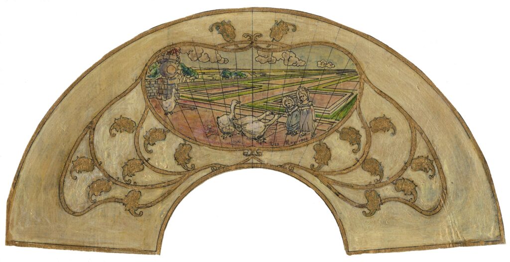 Roy – Deux fillettes nourrissant les oies, projet d’éventail