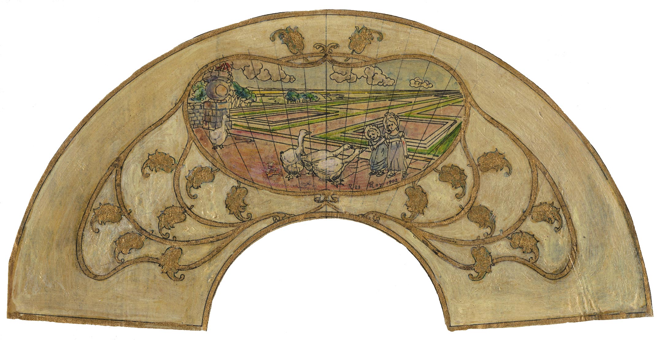 Two girls feeding geese, fan project