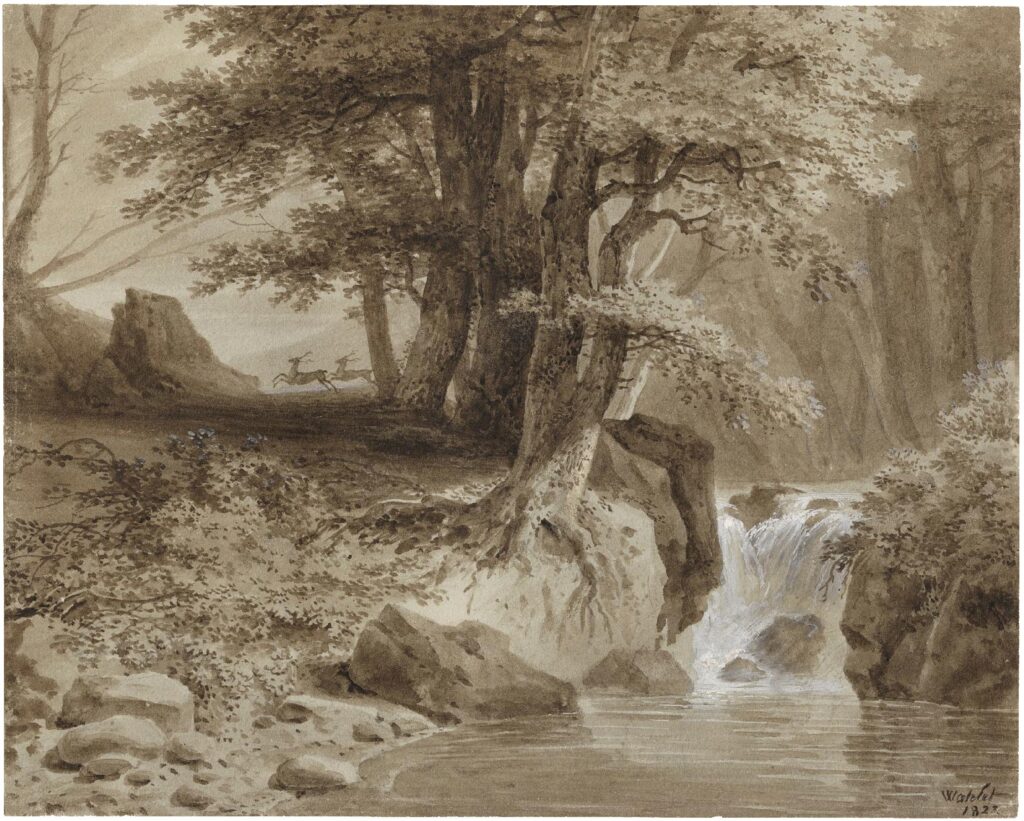 Watelet (Louis-Etienne) – Paysage de sous-bois au ruisseau animé de deux cerfs