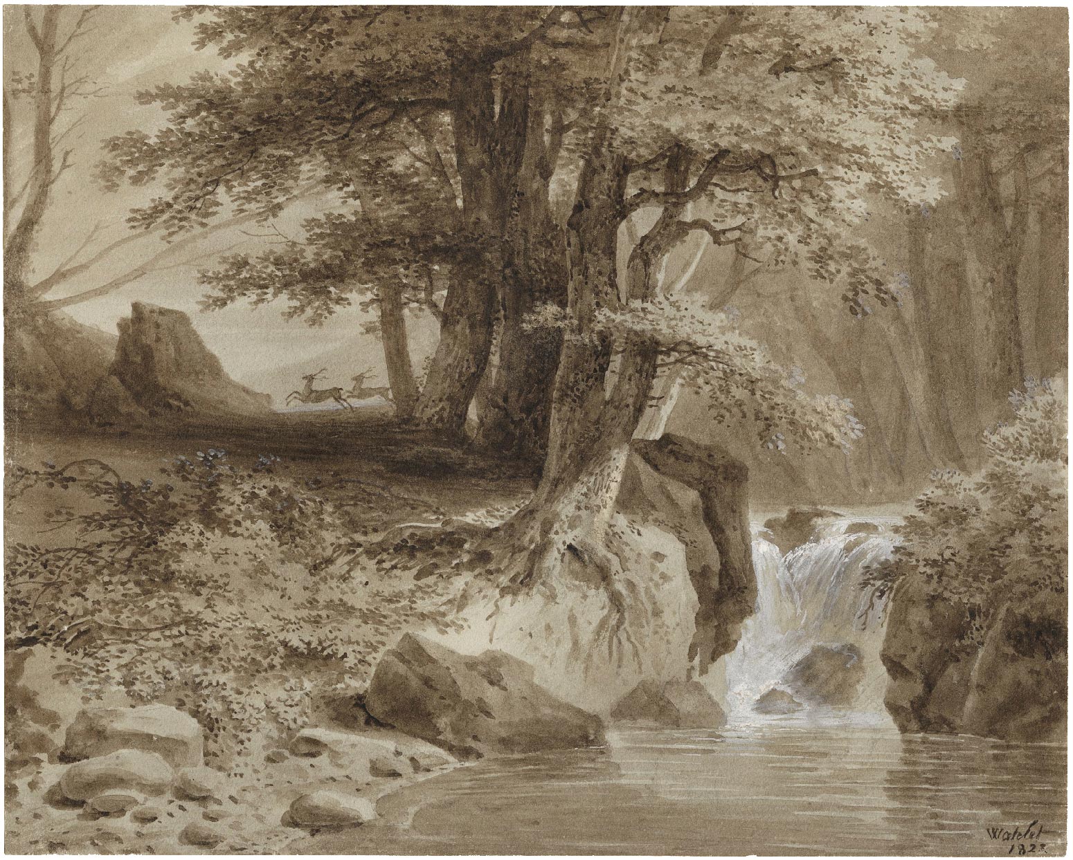 Landscape of undergrowth with a stream animated by two deer