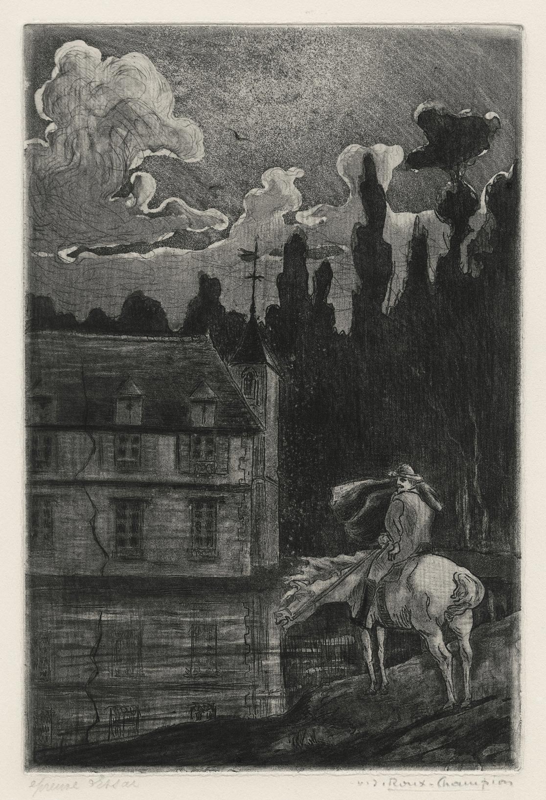 Cavalier devant les douves d’un château (Horseman in front of a moat castle)