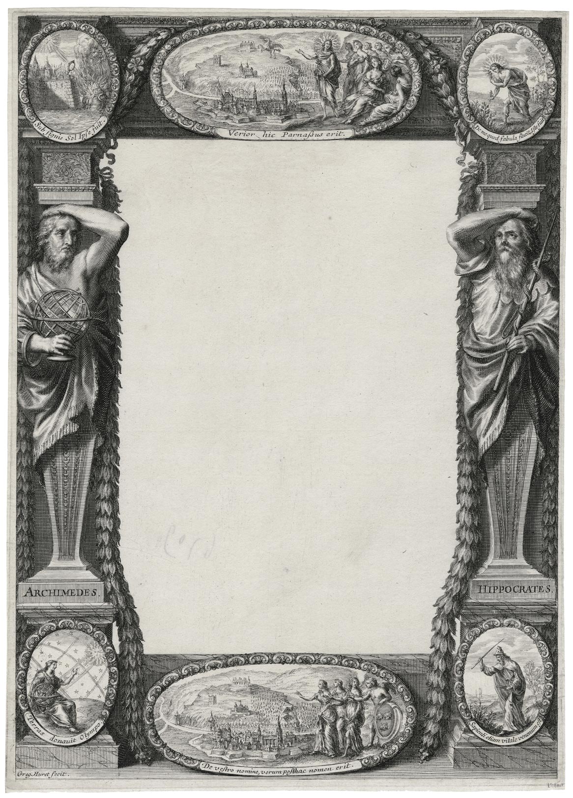Frontispiece supported by two Atlantes (Archimedes and Hippocrates)