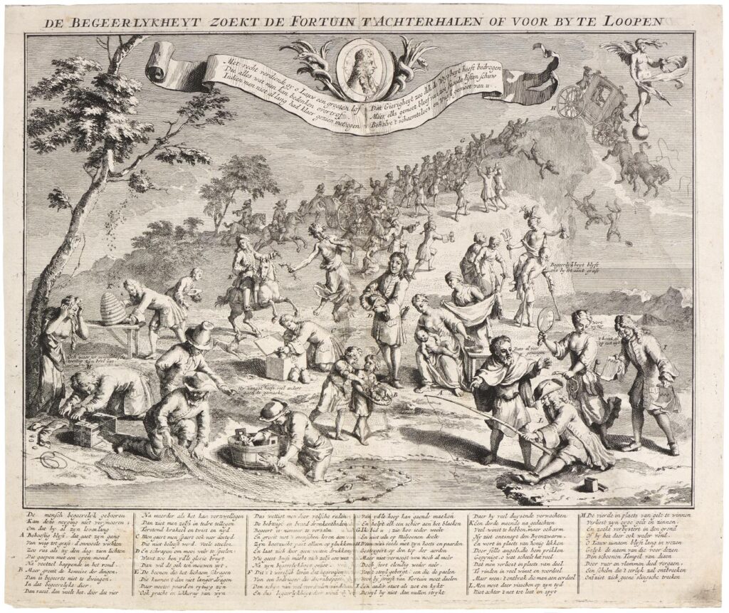 Ecole Hollandaise XVIIIe siècle – La cupidité tente de dépasser la Fortune