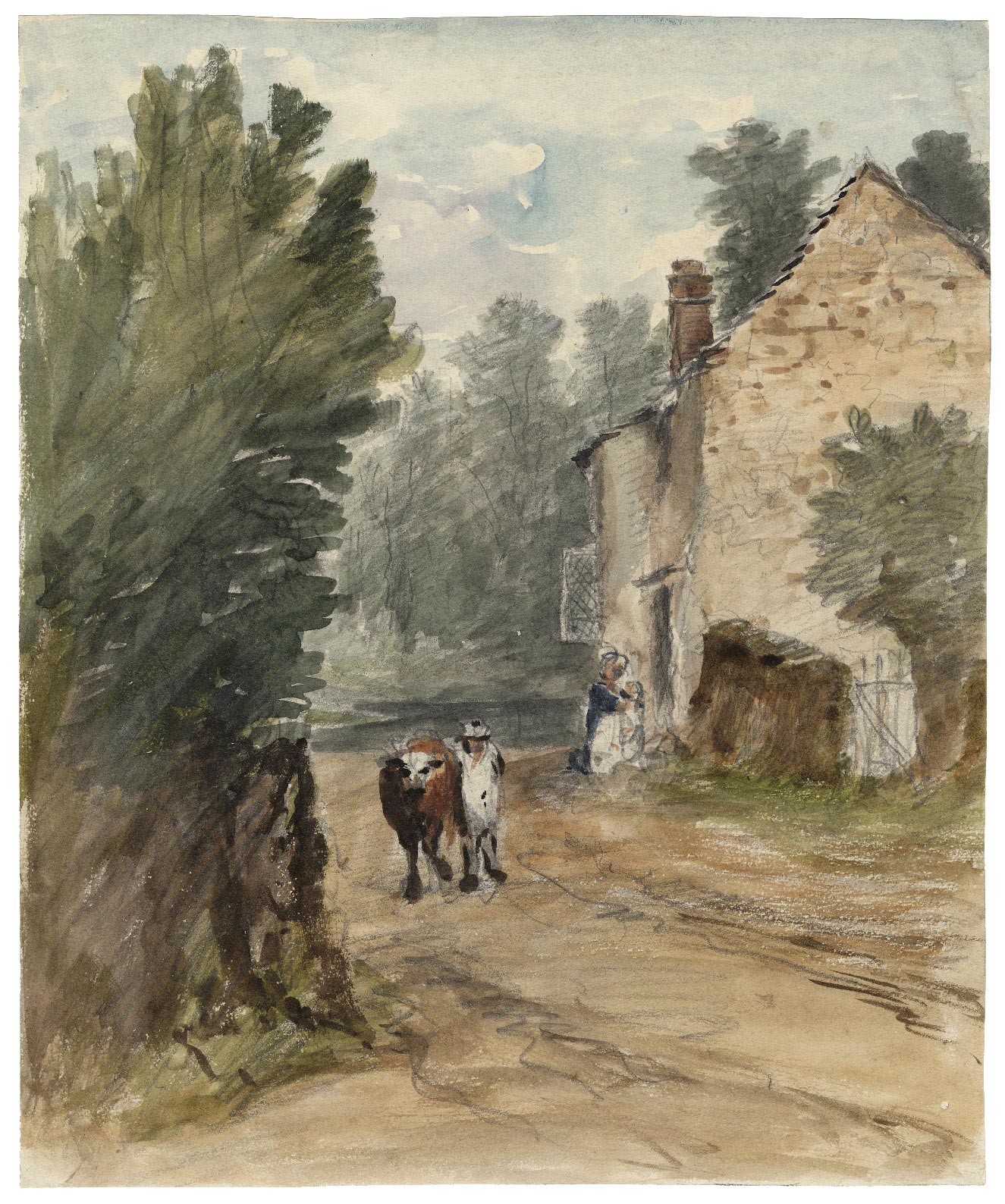 Farmer leading a cow in a farmhouse