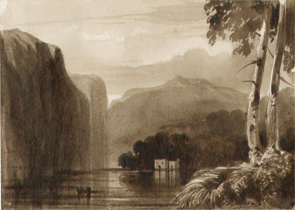 Lebas – Barque voguant à proximité d’un paysage côtier