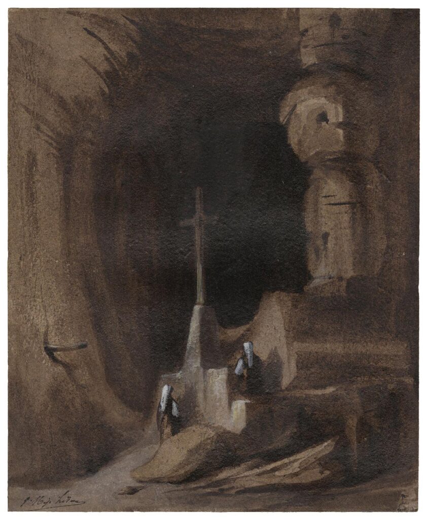 Lebas – Deux religieuses se recueillant auprès d’un autel dans une grotte