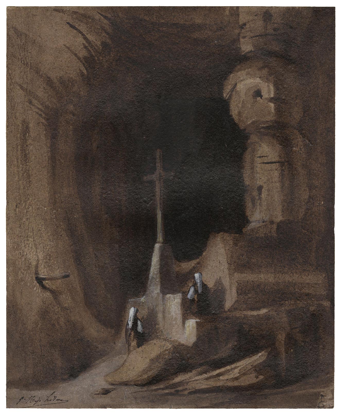 Two nuns meditating at an altar in a cave