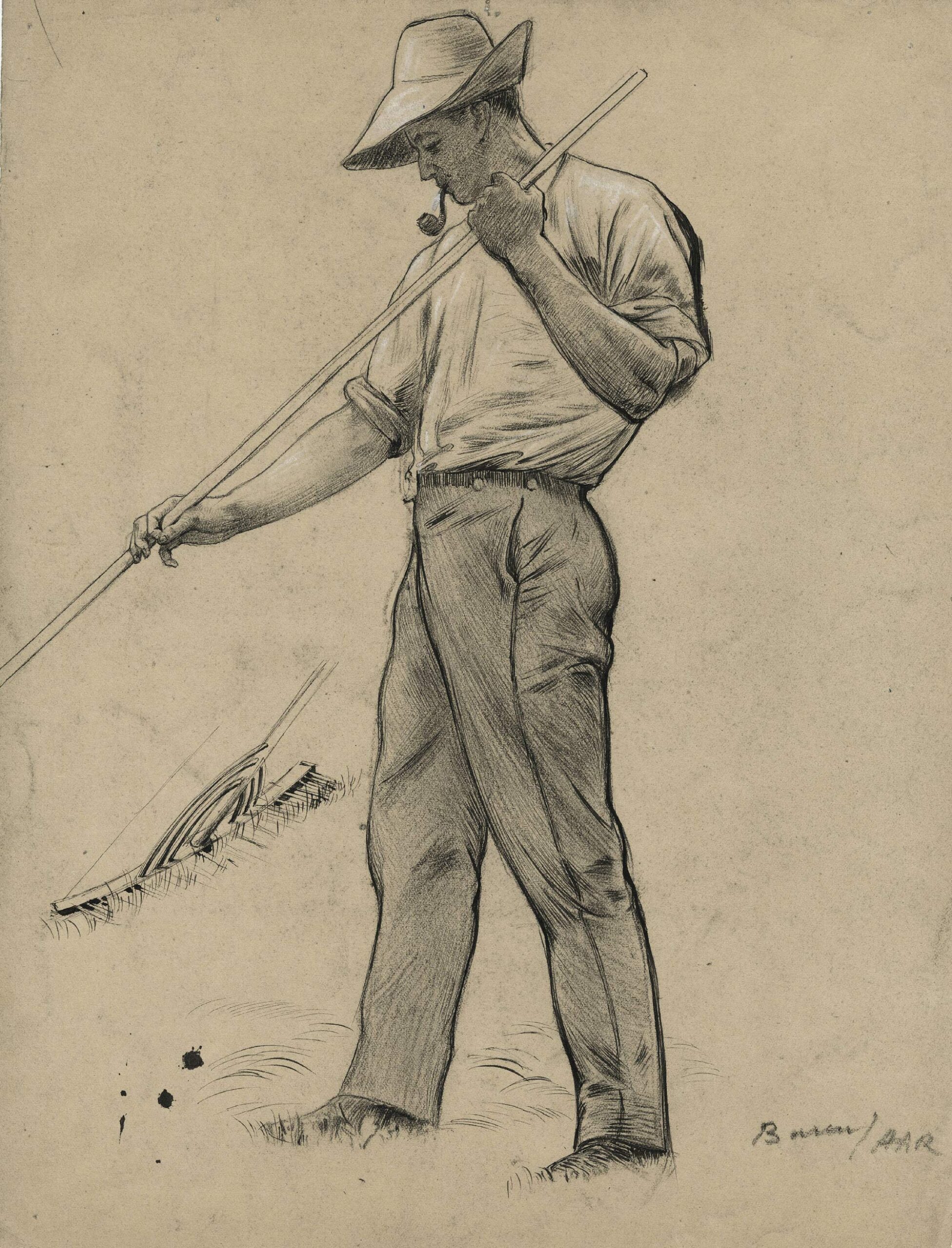 Man raking while smoking a pipe