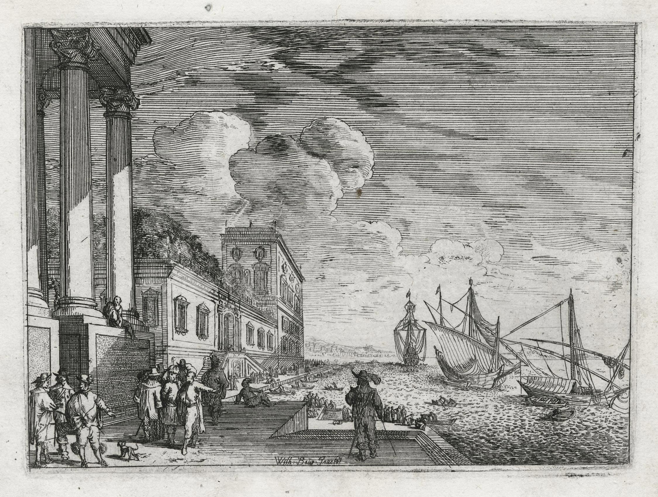 Vue d’un port avec un bâtiment à portique sur la gauche