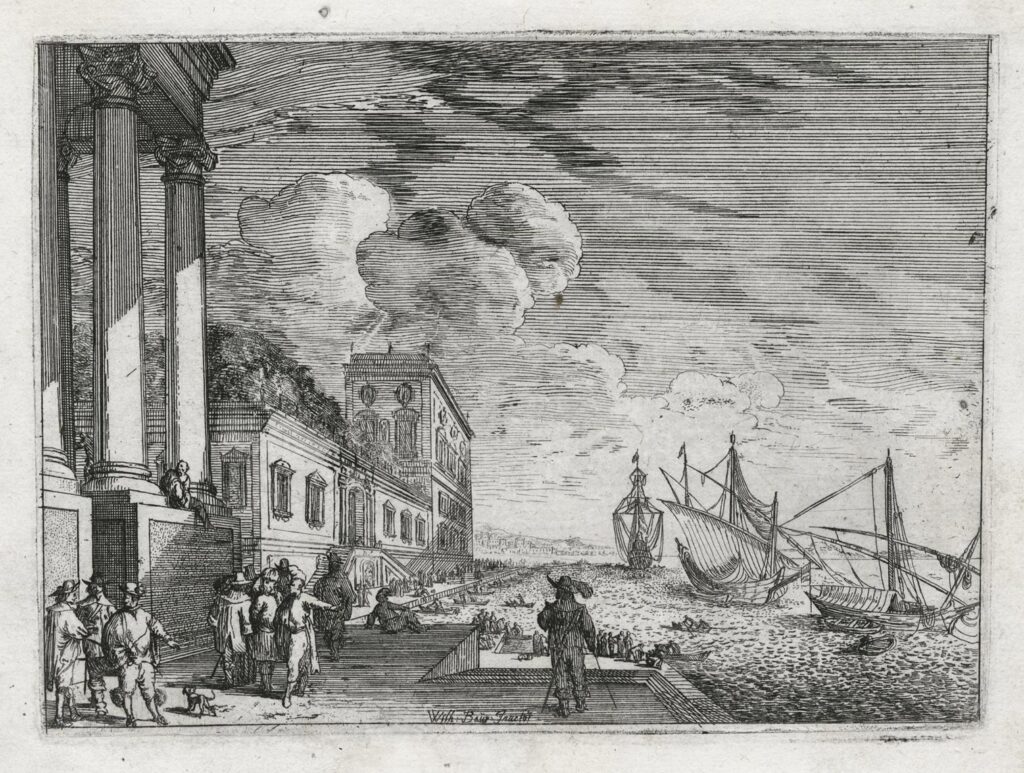 Baur – Vue d’un port avec un bâtiment à portique sur la gauche