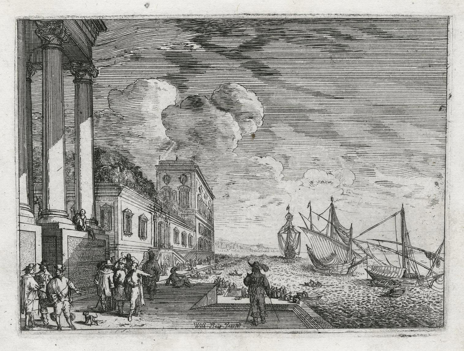 Vue d’un port avec un bâtiment à portique sur la gauche