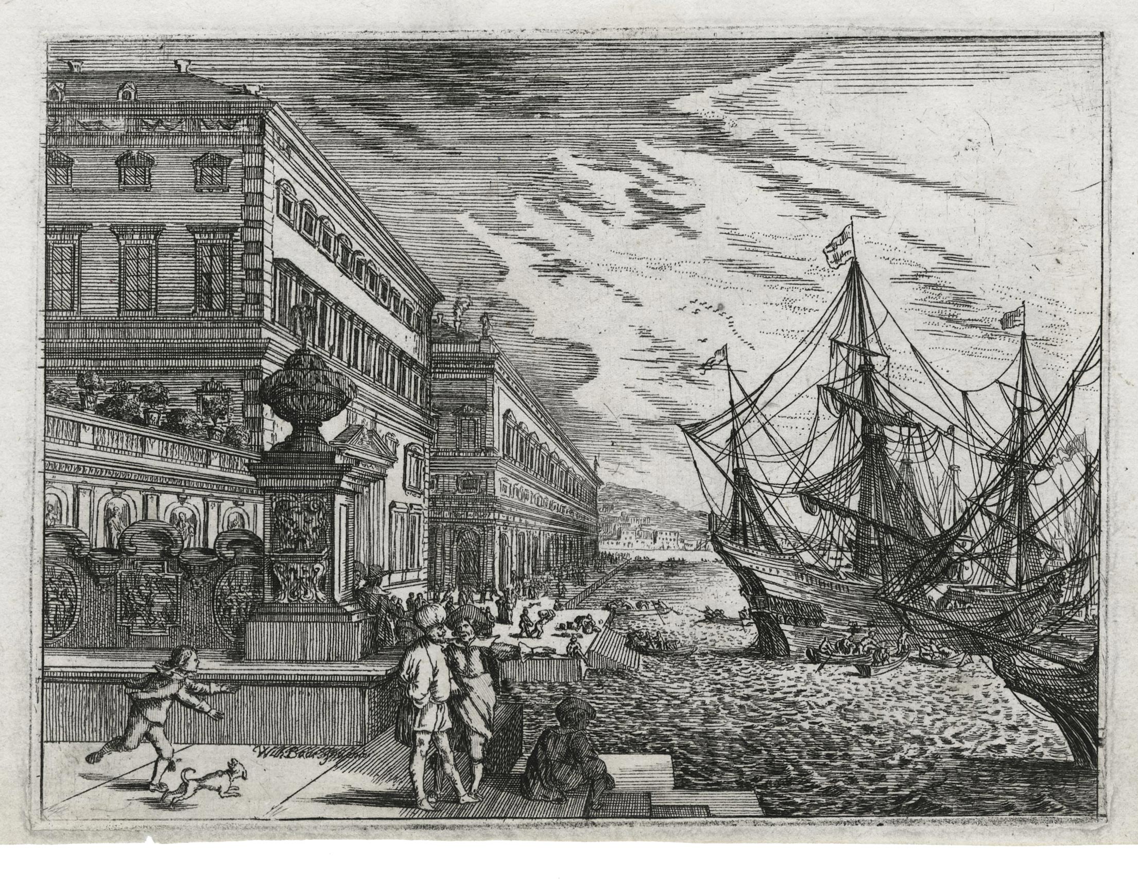 Vue d’un port avec un palais en perspective sur la gauche