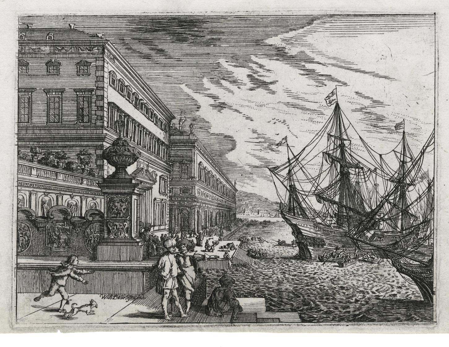 Vue d’un port avec un palais en perspective sur la gauche