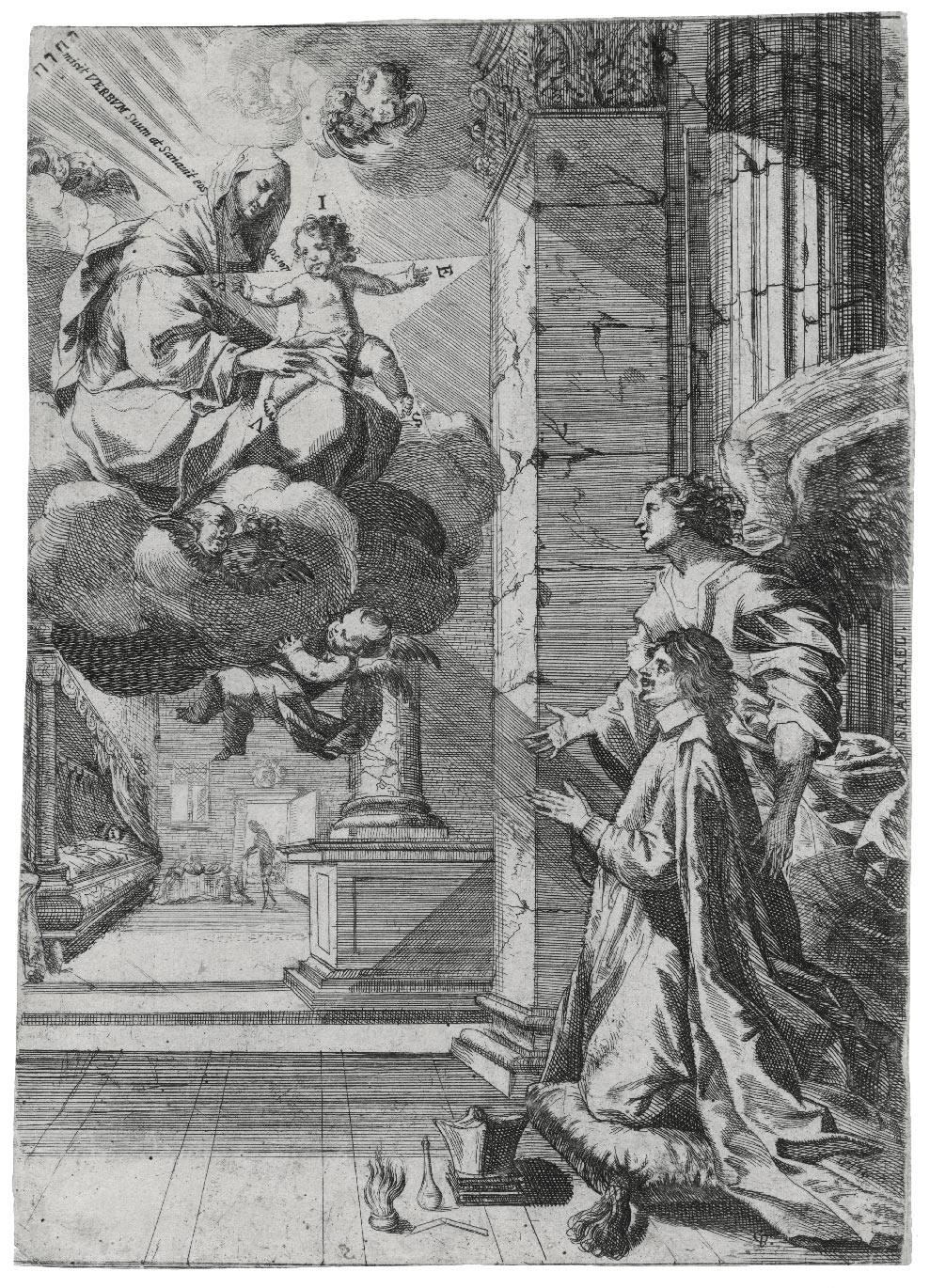 Emblematic piece depicting Lazare Meyssonnier, the King's physician, imploring the Blessed Virgin and the Infant Jesus