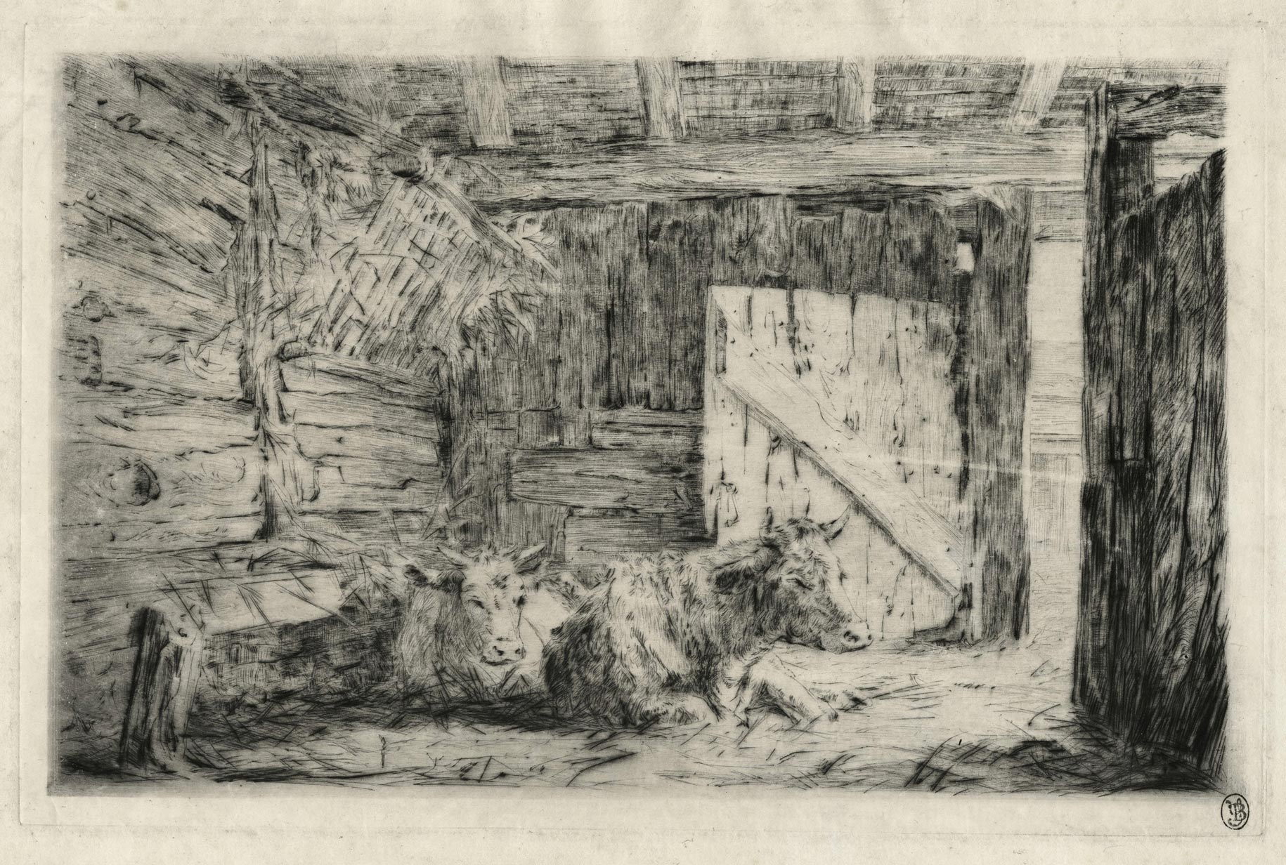 Deux vaches couchées dans une étable