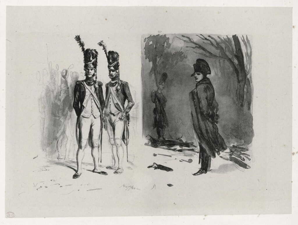 Raffet – Officiers de grenadiers et Napoléon dans un bivouac