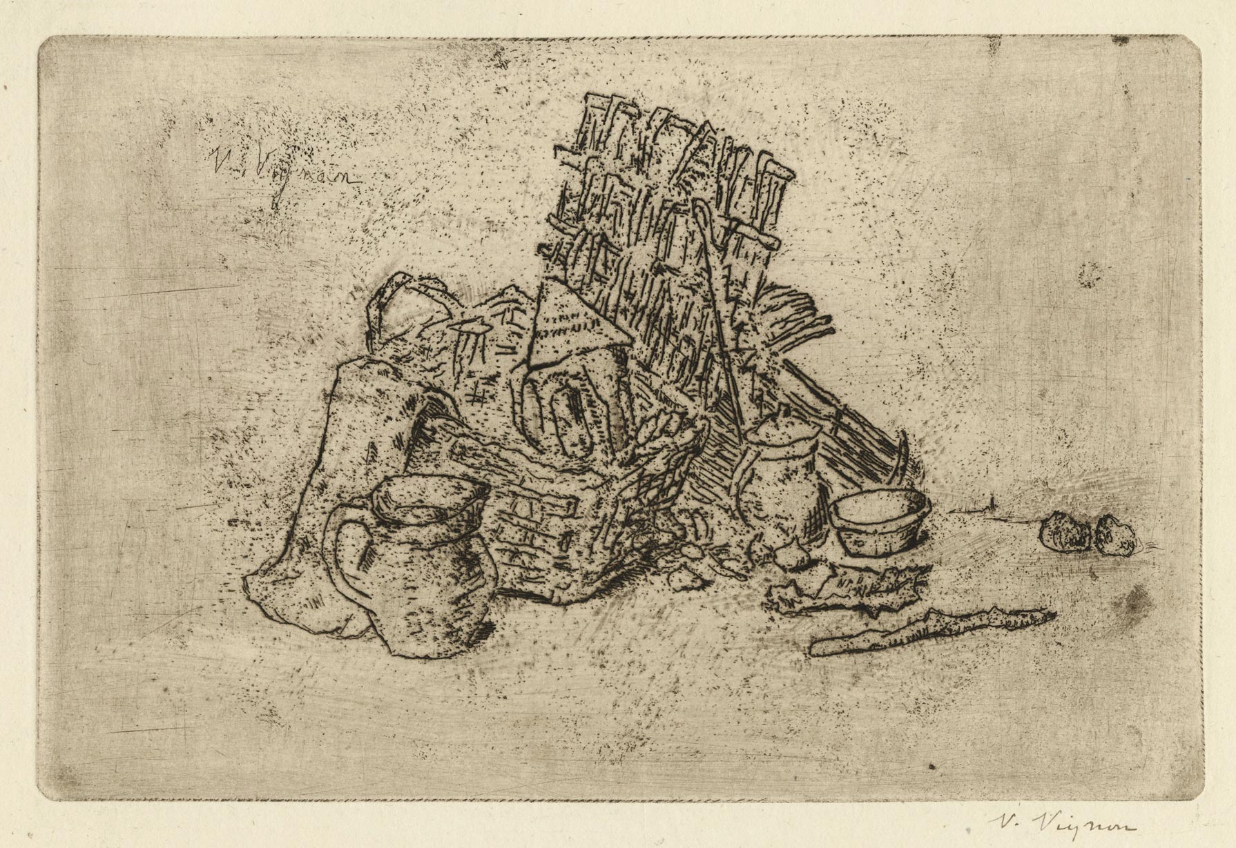 Still life with basket, lantern and jug