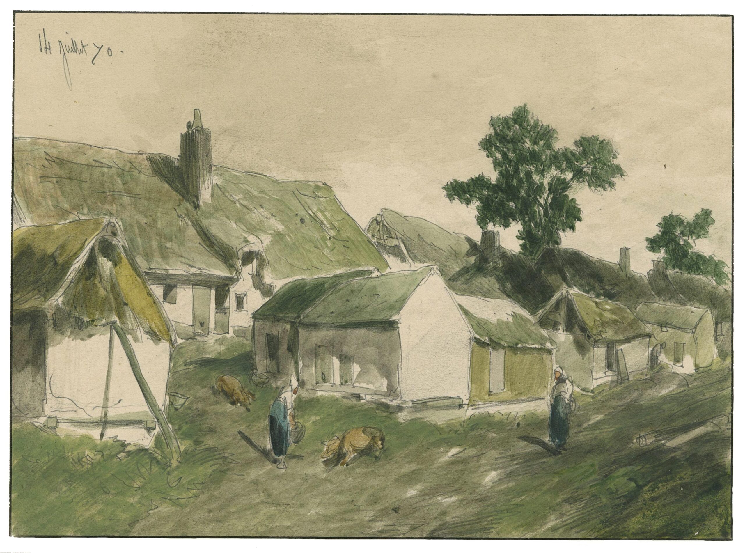 Femme nourrissant des cochons devant un hameau