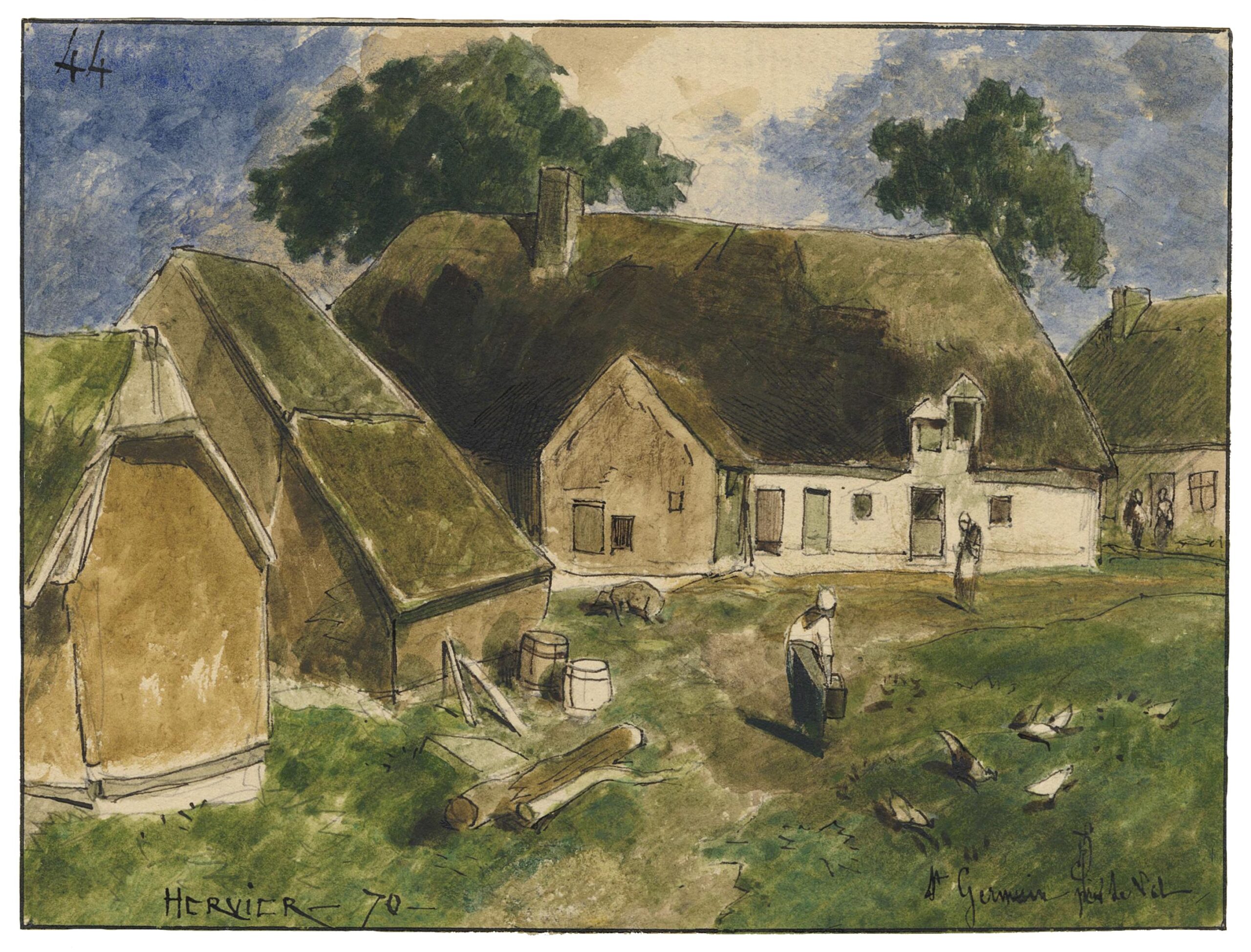 Femme nourrissant des poules devant une ferme