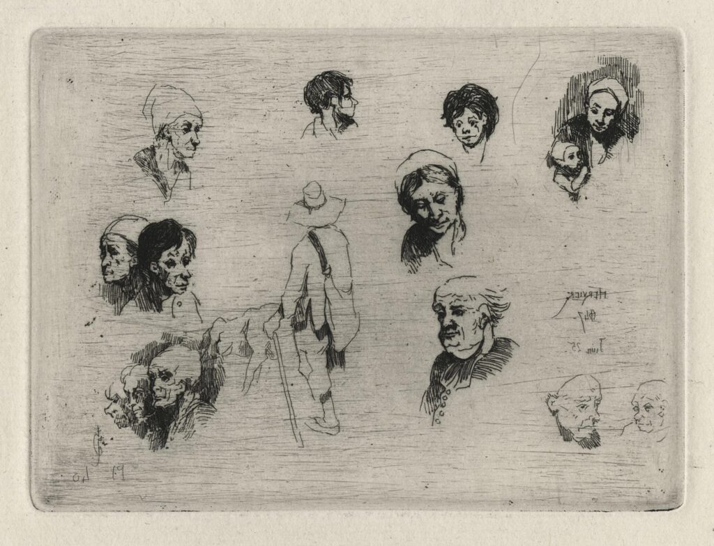 Hervier – Croquis de têtes et d’un homme avec canne et cochon
