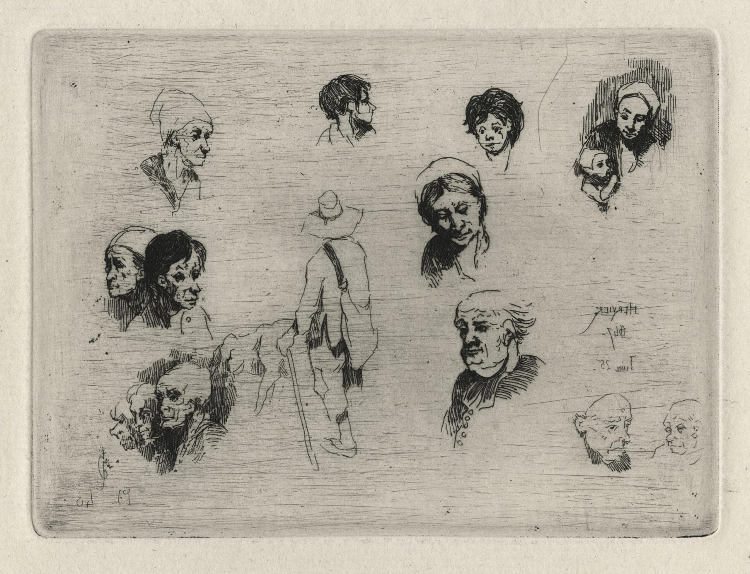 Croquis de têtes et d’un homme avec canne et cochon