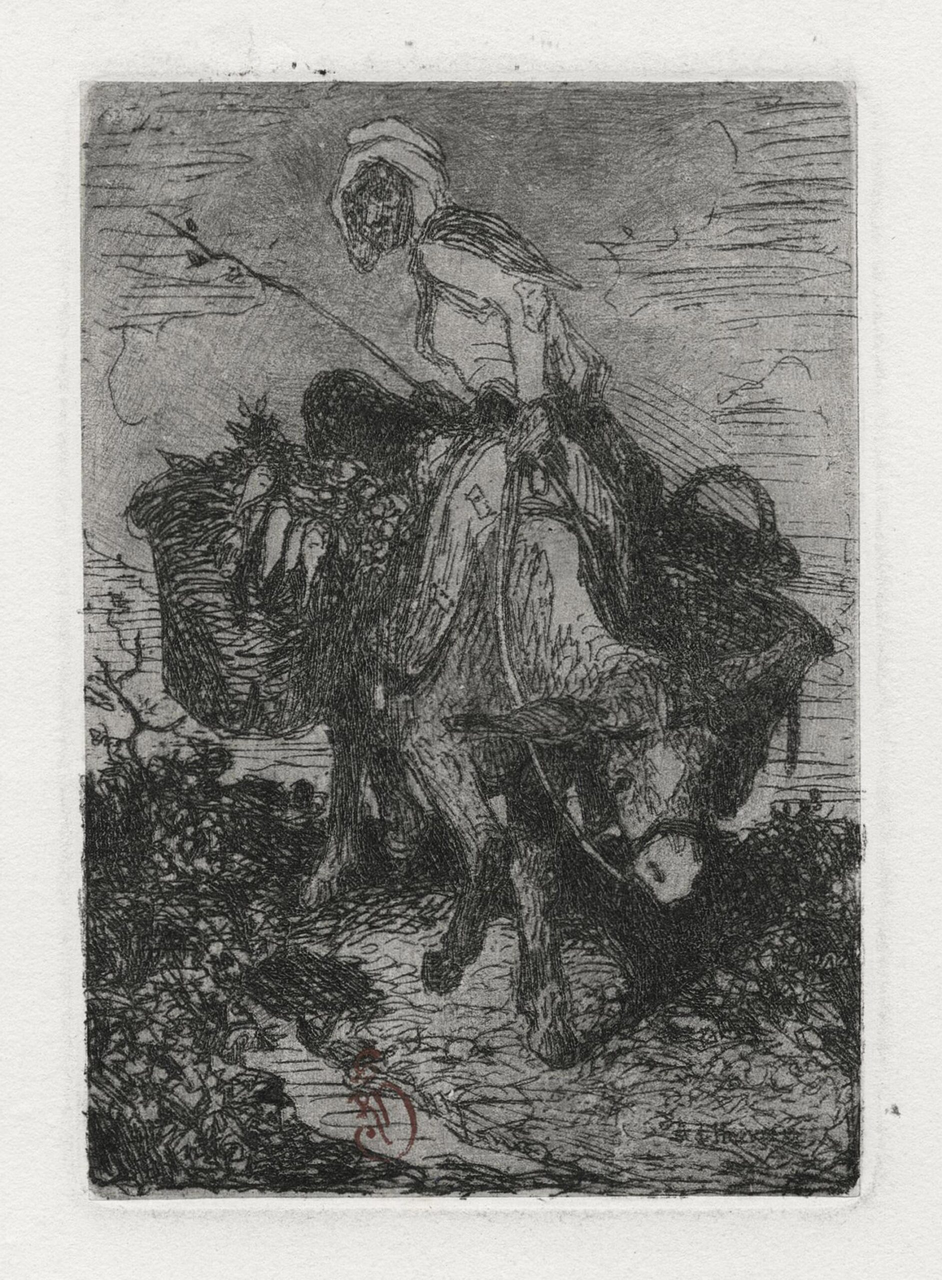 Peasant woman on a donkey loaded with baskets
