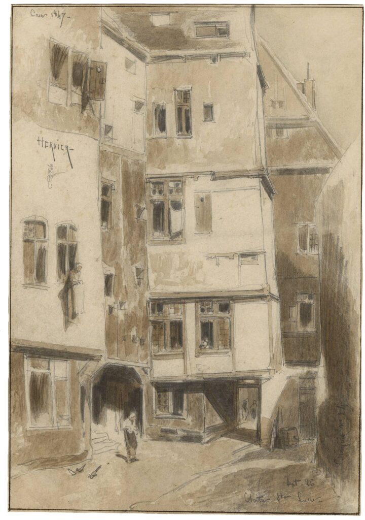 Hervier – Cloître Sainte Lucie, Caen, au verso Croquis d’architecture