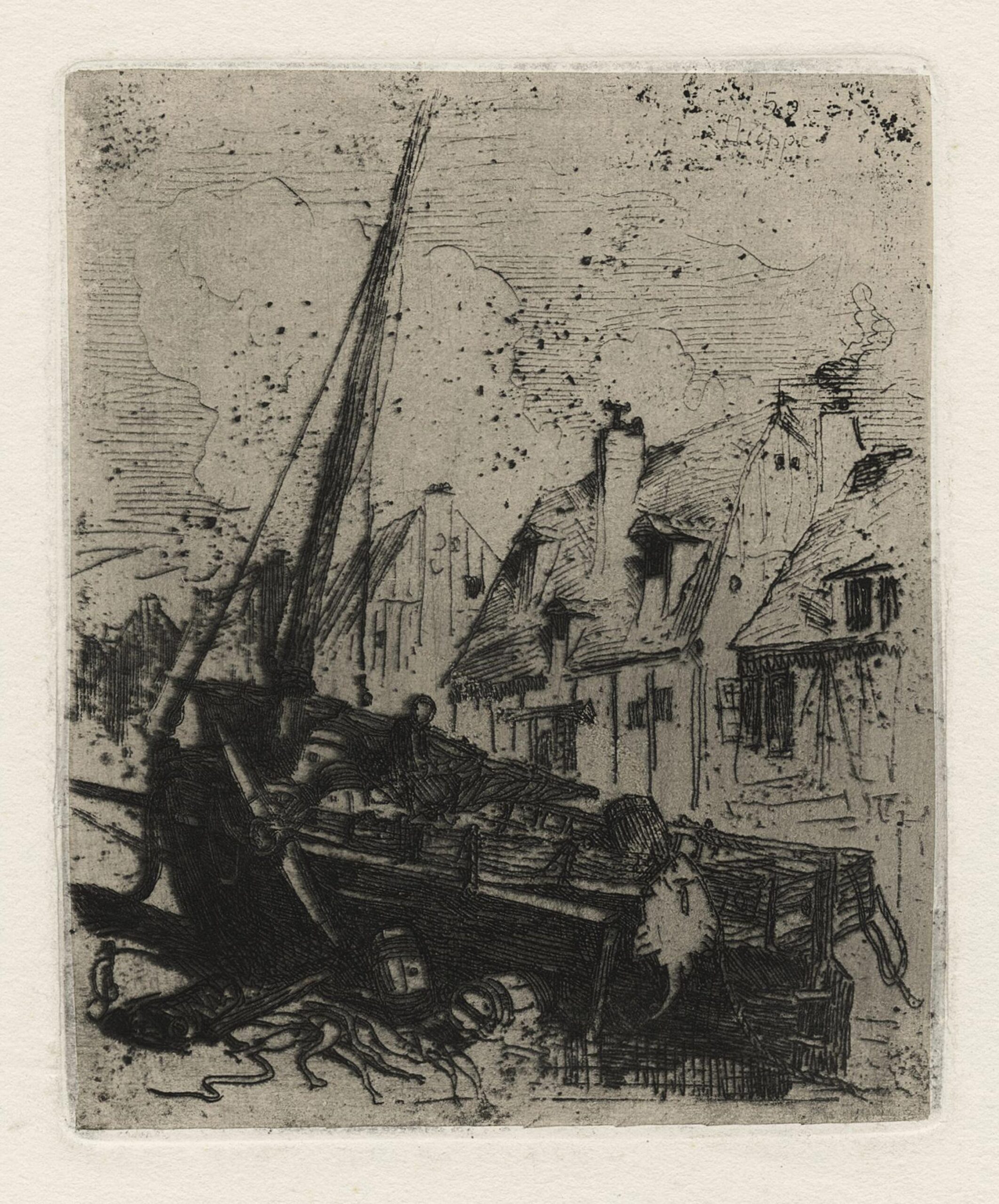 HERVIER Louis Adolphe — Fishing boat n°70 dry in front of houses, Dieppe
