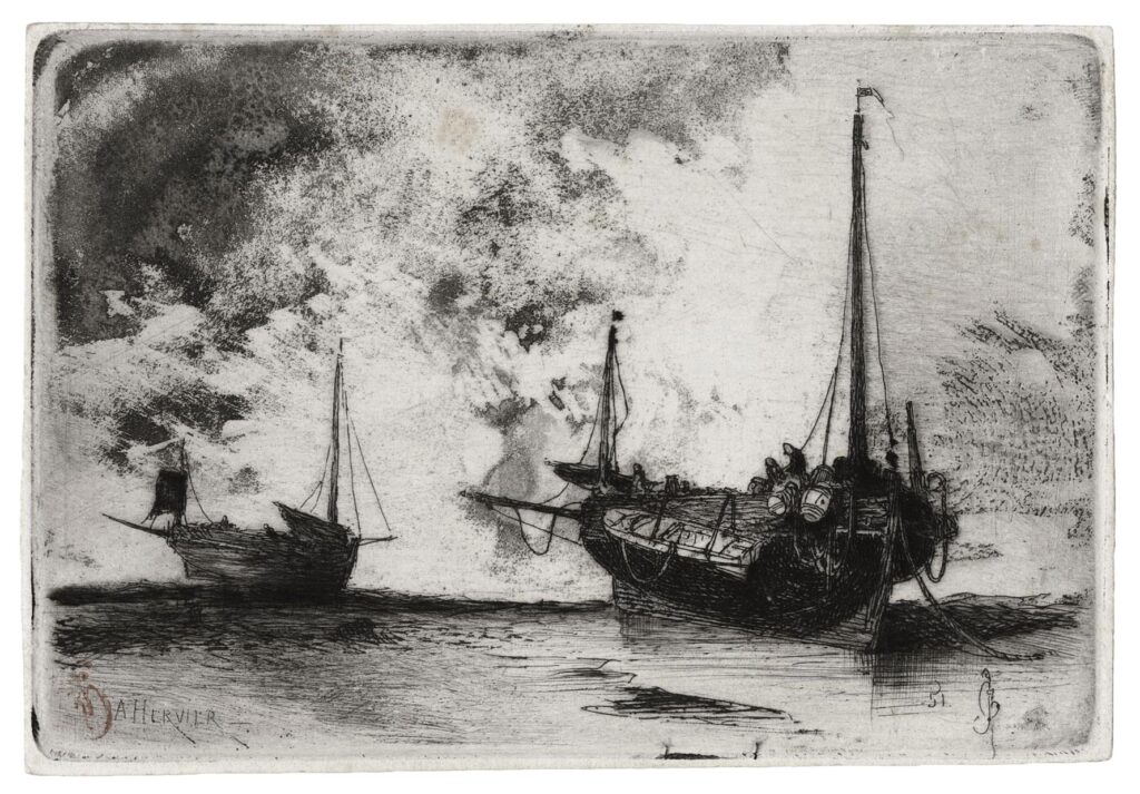 Hervier – Deux barques à sec sur une plage