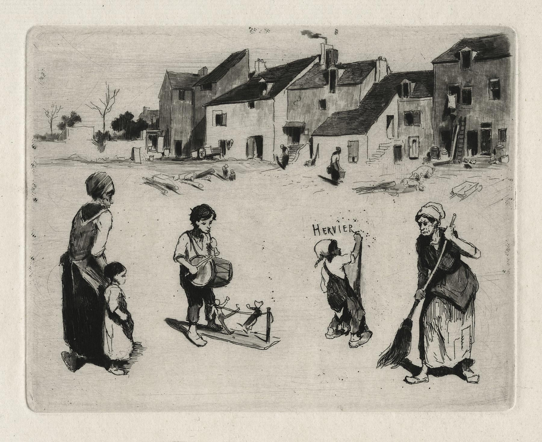 Maisons d’un village et quatre croquis