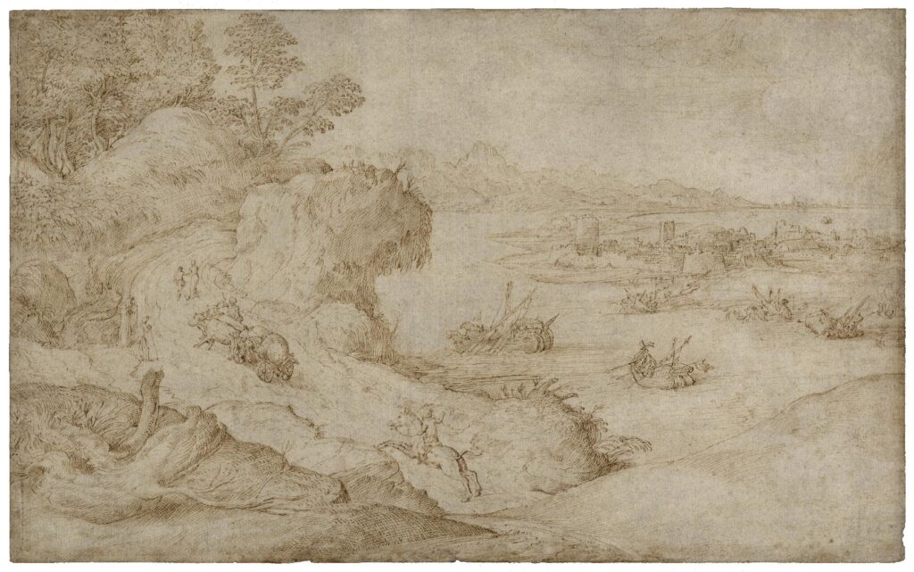 Campagnola (Domenico) – Vaste paysage d’un grand estuaire dominé par les montagnes