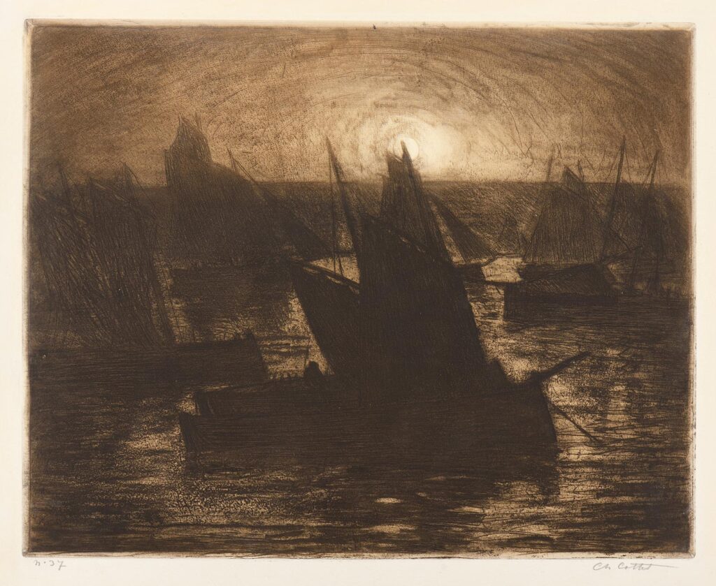 Cottet -Barques de pêche, soleil couchant