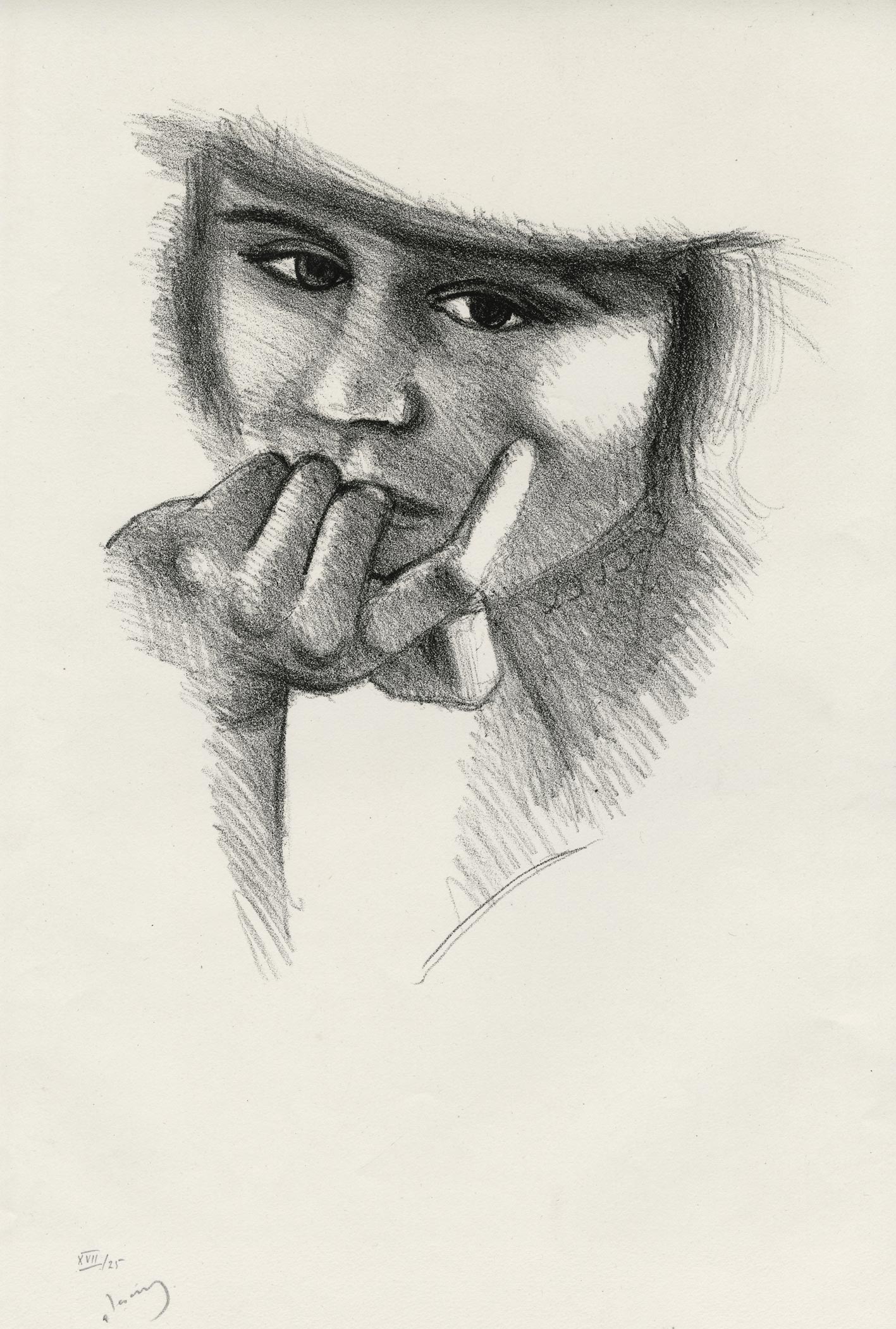 A woman's face resting on her hand