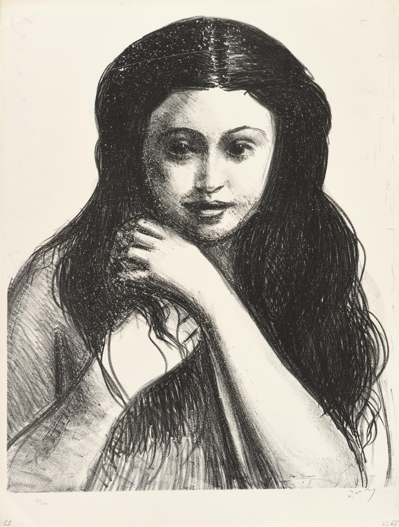 Woman in front, her black hair framing her smiling face