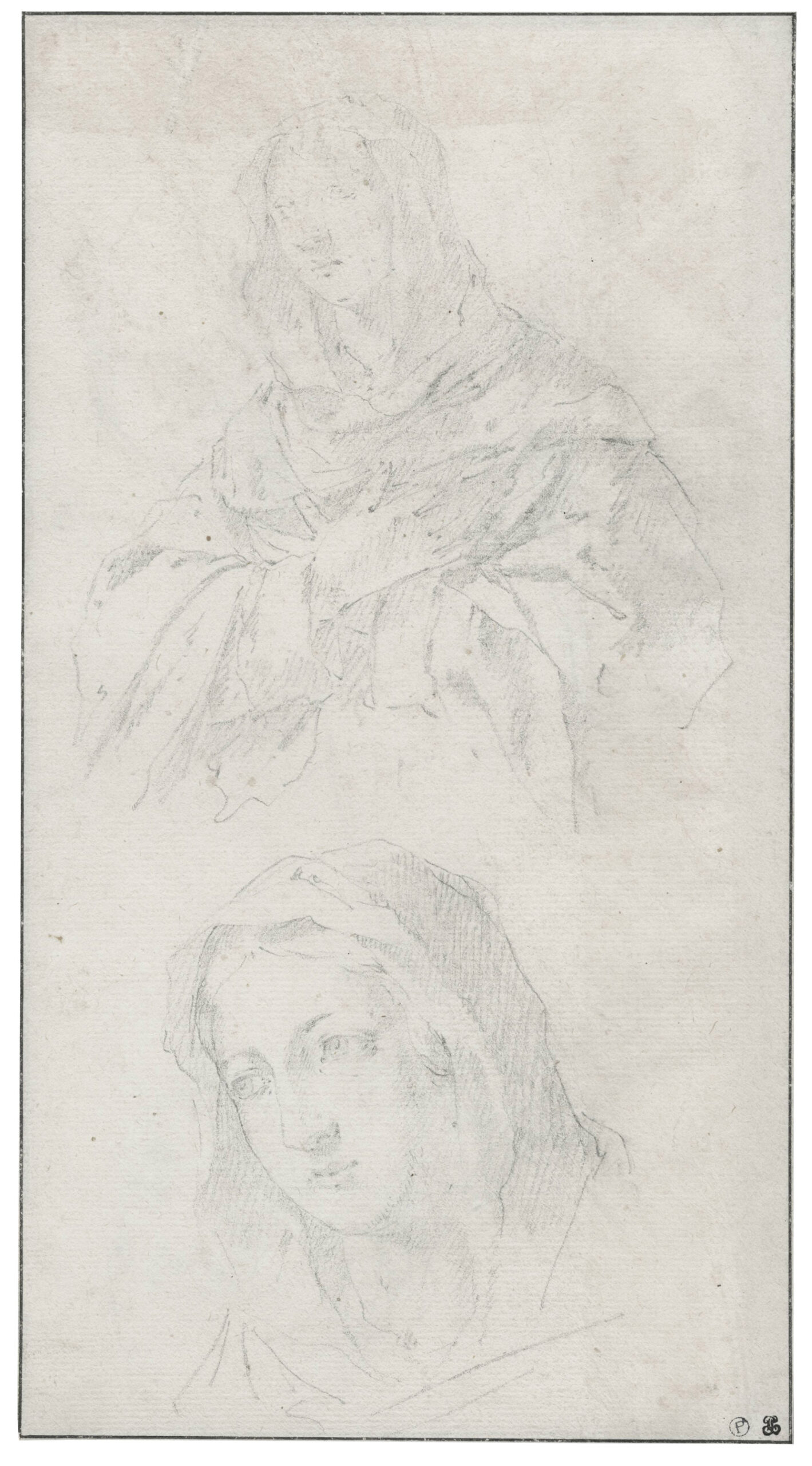 Jean Daret, Deux études pour la Vierge, 1900, Pierre noire, Galerie Paul Prouté Paris