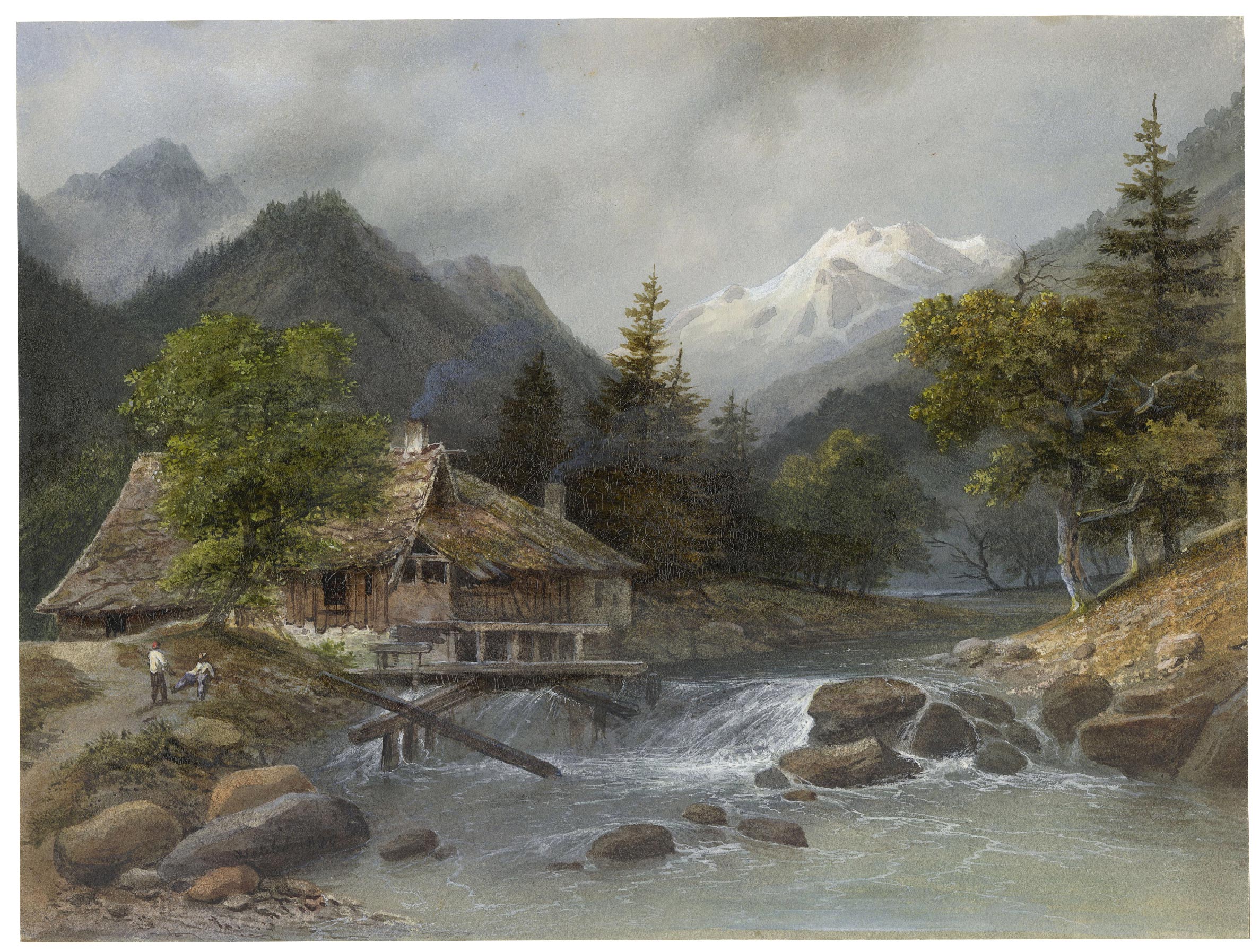 Rivière sur fond de montagnes enneigées