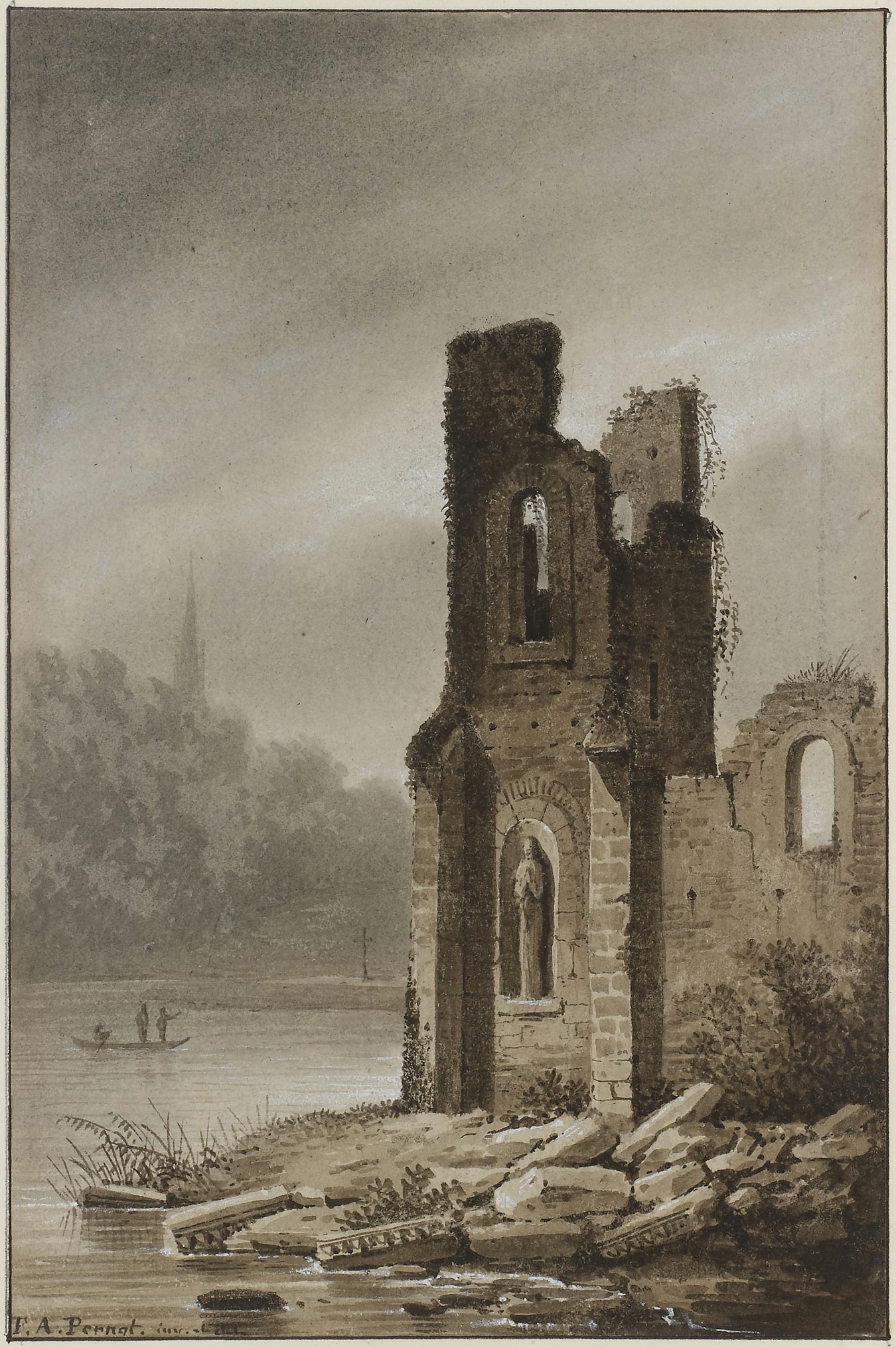A lakeside landscape with a ruined church