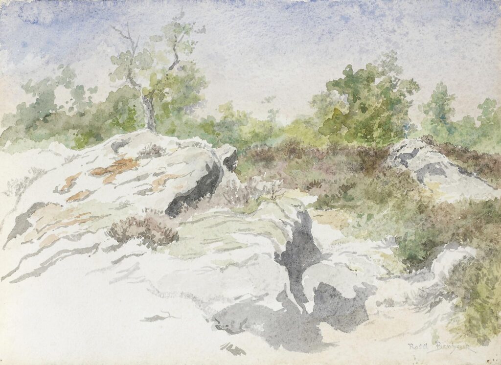 Bonheur – Paysage boisé ; au premier plan, de grands rochers