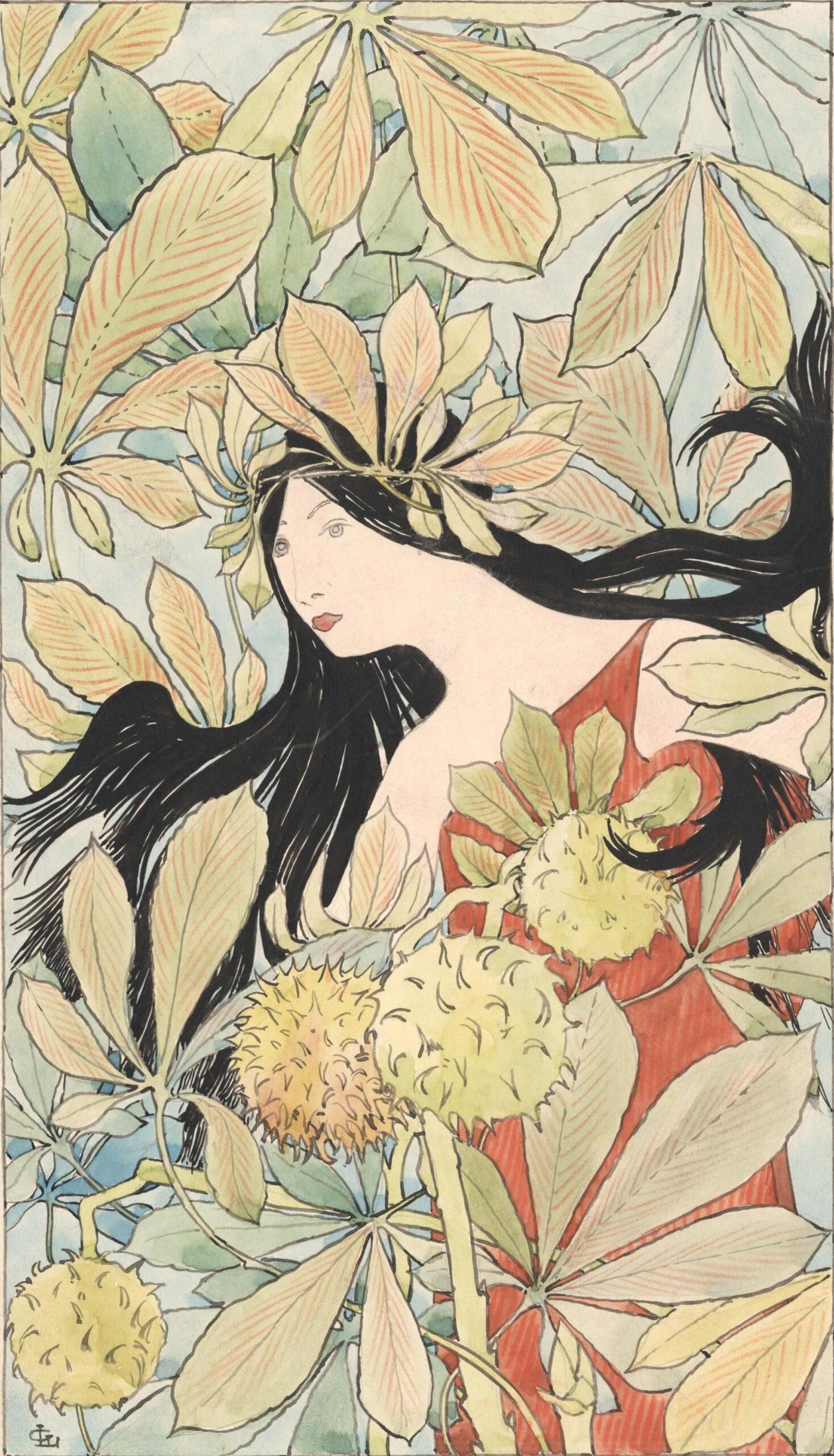 Woman with chestnut branches