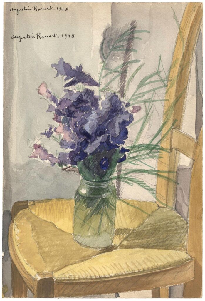 Rouart – Bouquet dans un vase posé sur une chaise