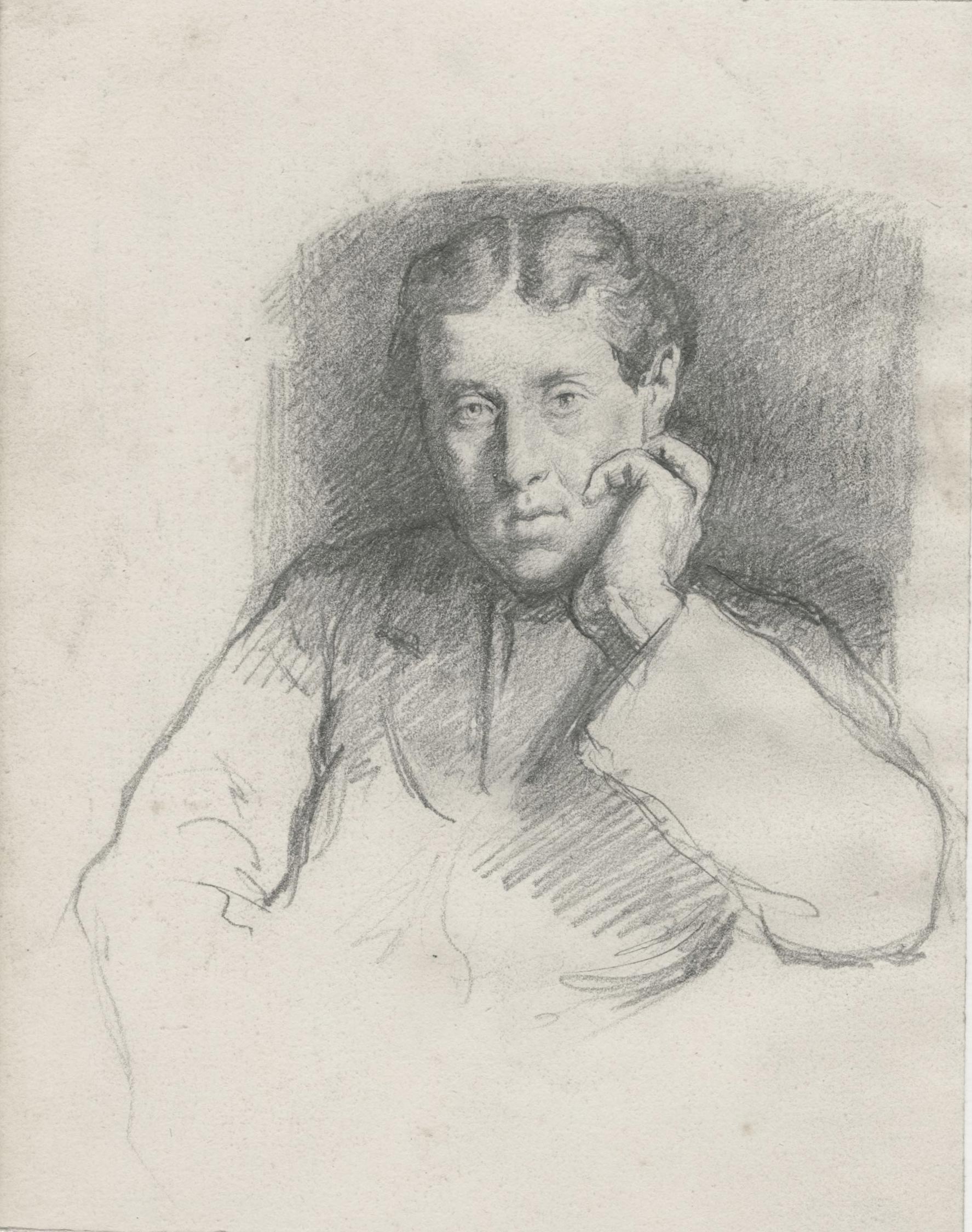 Bust-length portrait of a man, seated, front view, hand on cheek