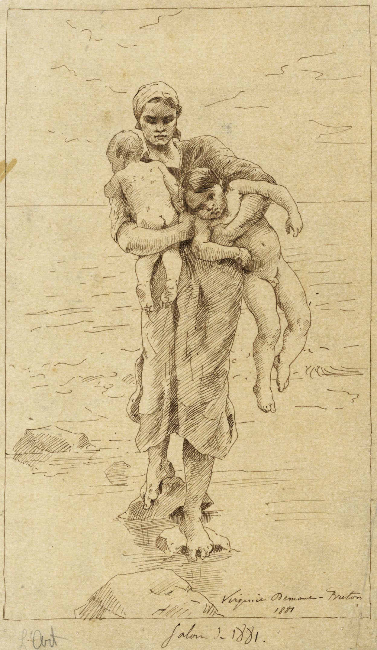 Fisherman's wife bathing her children