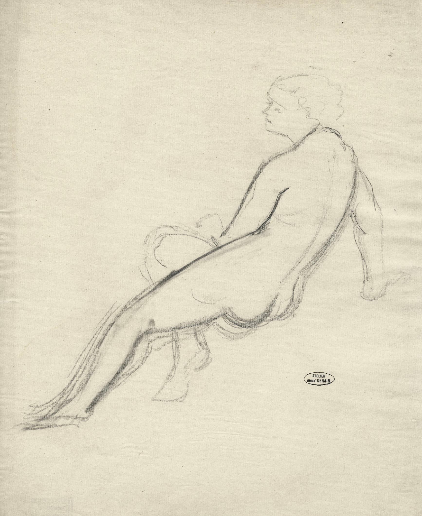 Female nude, back view, half-reclining