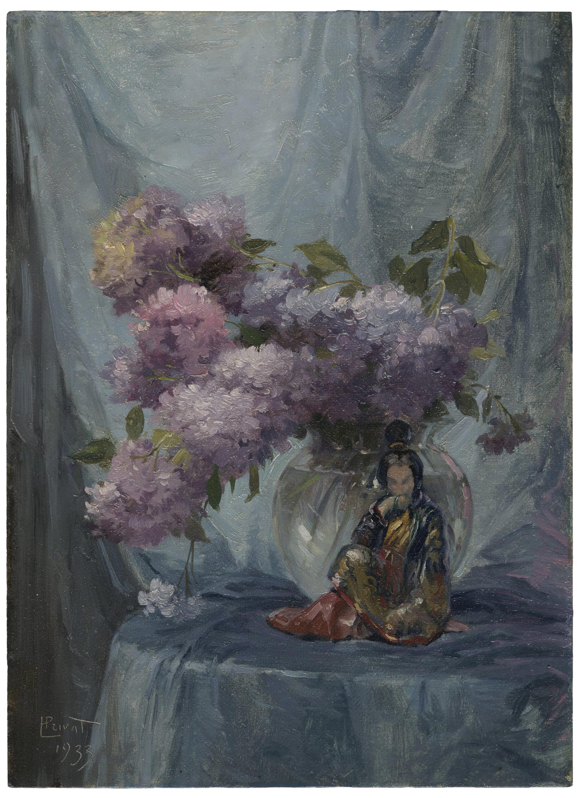 Bouquet de lilas à la statuette orientale