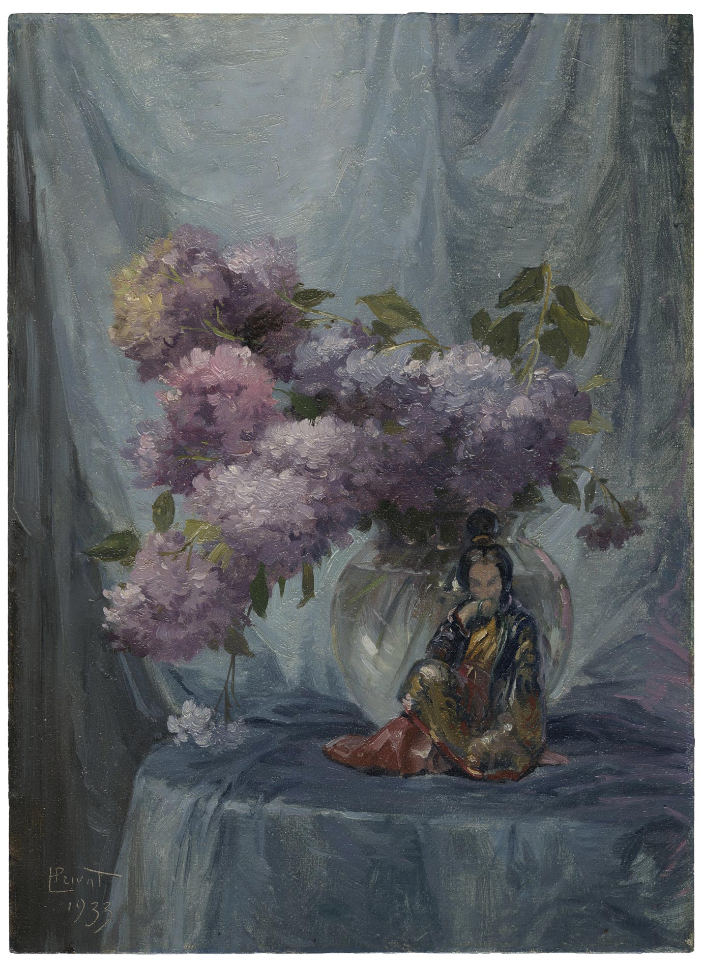 Bouquet de lilas à la statuette orientale