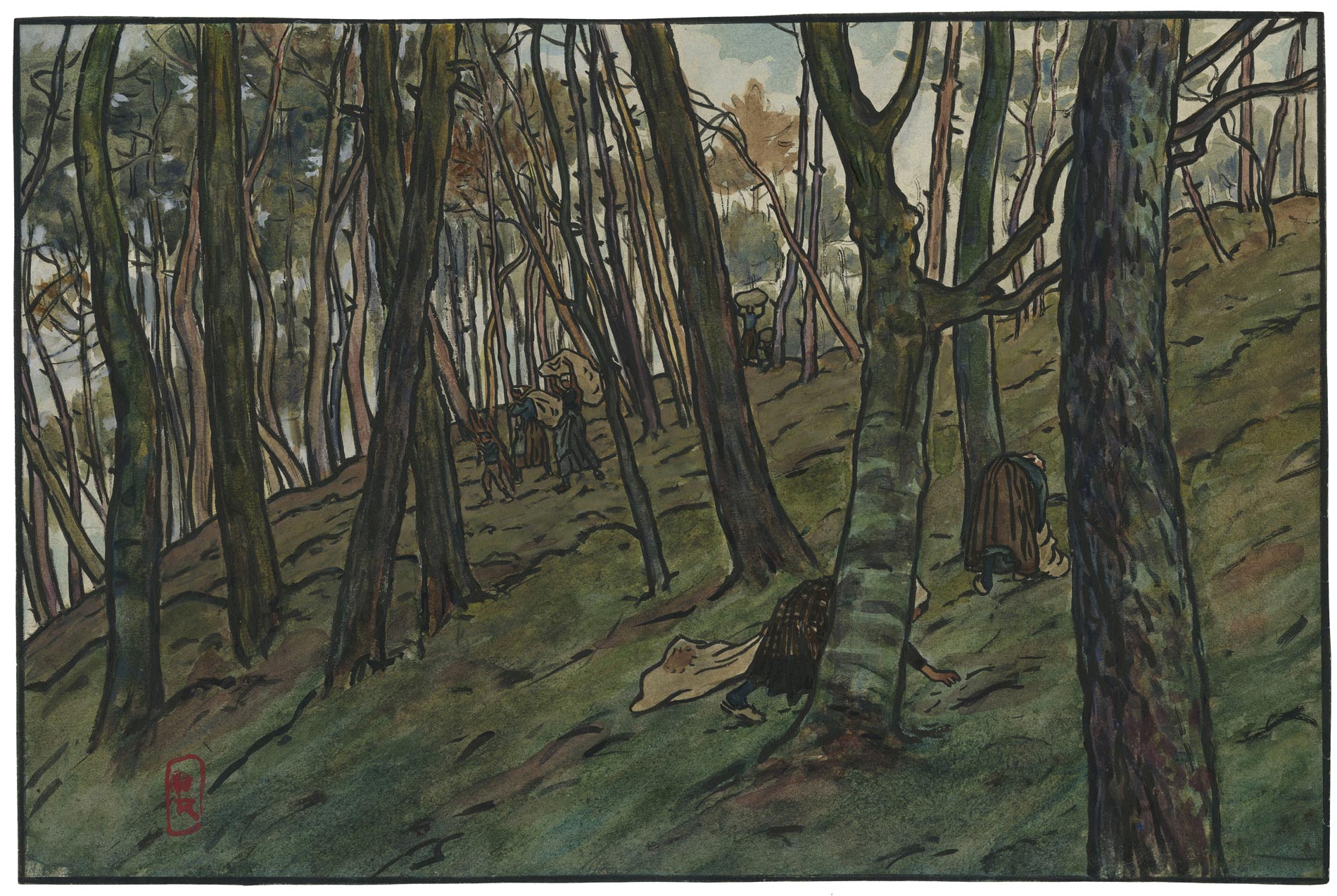 Bretonnes ramassant les aiguilles de pin, (Loguivy)