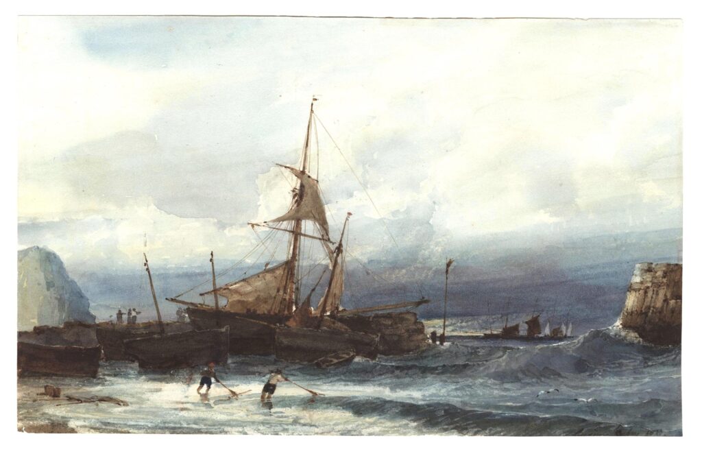 Isabey – La jetée : barques et pêcheurs au filet