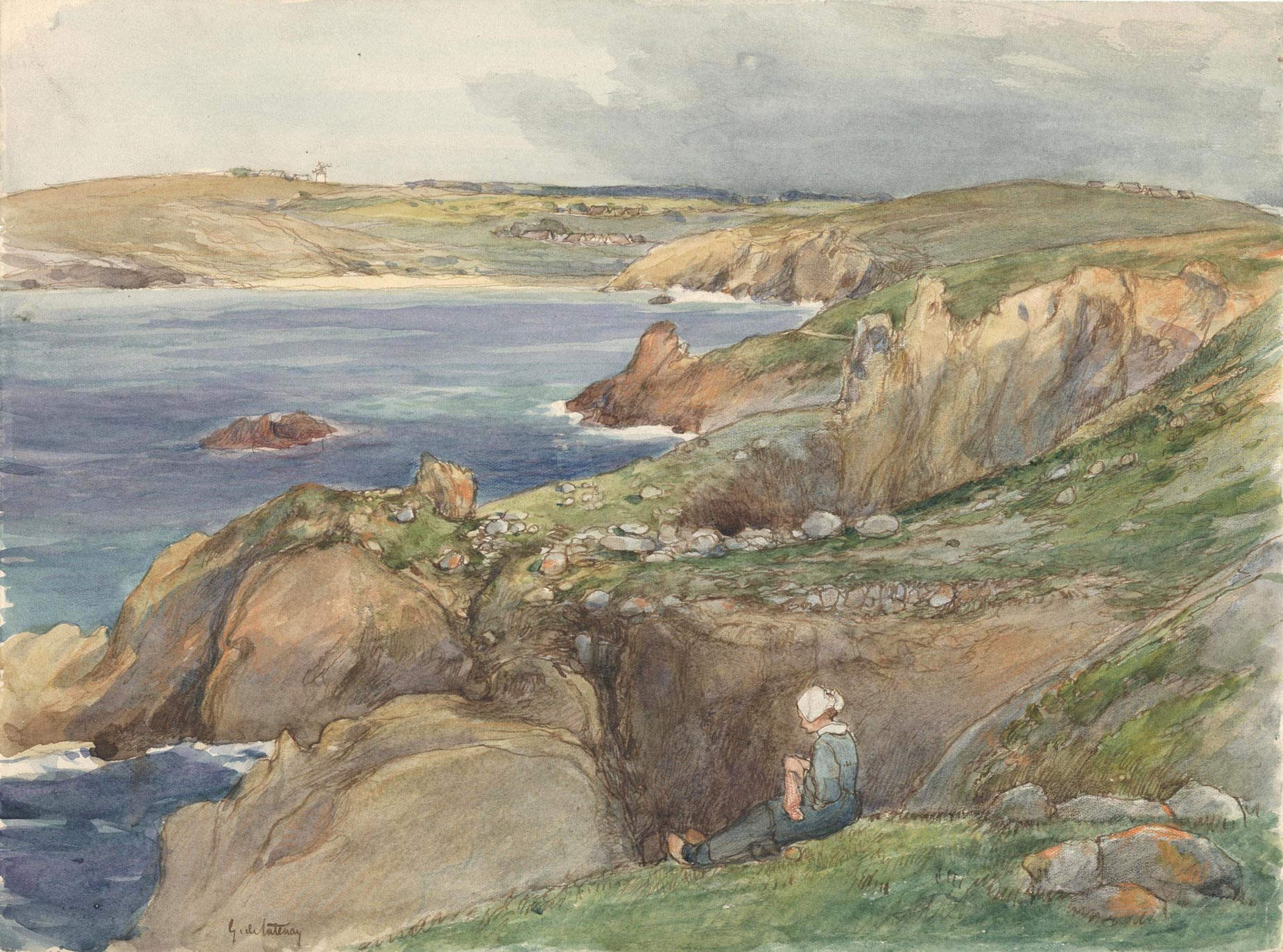Young Breton woman knitting, sitting on the grass, overlooking a cove