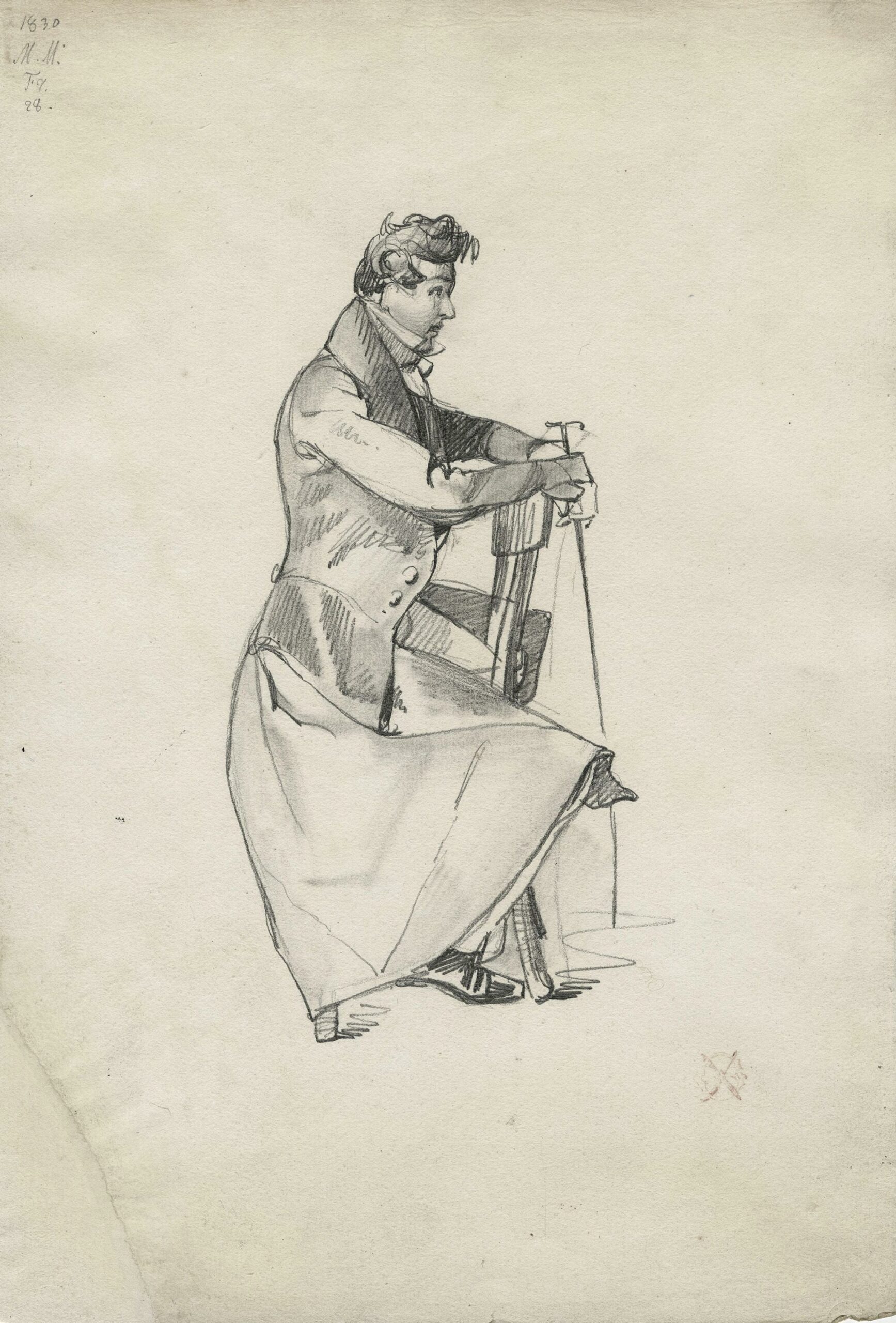 Study of a man sitting astride on a chair